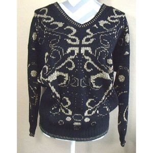 Vintage Worthington Black and Metallic Gold Scroll Pullover Sweater Size…